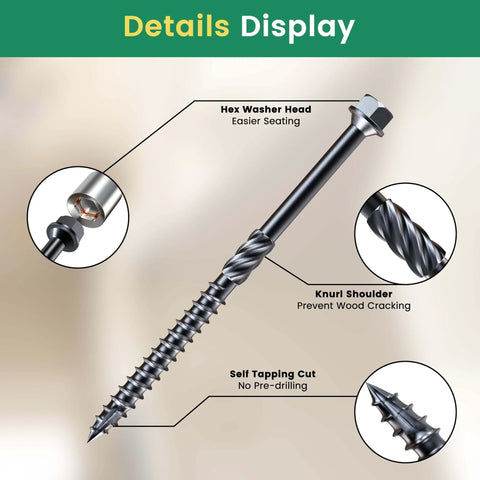 Fourteen By Four Inch Wood Structural Screws Exterior Hex Head Lag Screws Black Heavy Duty Timber Decking And Landscaping Screws Fifty Pack With Five Sixteenths Inch Hex Socket Included No Pre Drill Needed Anti Corrosion Salt Spray Tested details display