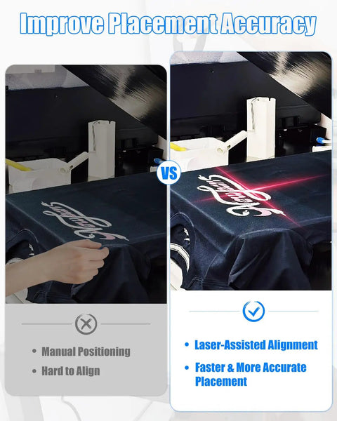 Comparison of manual vs laser alignment tool for heat presses, crosshair guide shows improved accuracy for garment printing