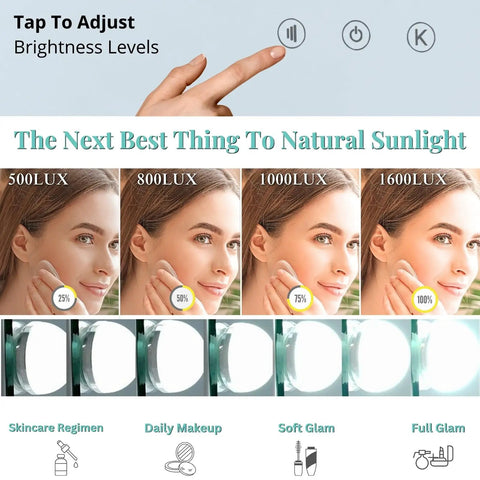Brightness level adjustment for Hollywood Style Vanity Mirror With Lights 12 LED Makeup Mirror on smart touch dimmable control.