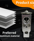Heavy Duty Automotive AC Expansion Valve Metal Anti Wear For Car Air Conditioning System Replacement Part For Most Makes And Models Durable Metal Valve For Reliable Cooling Performance, showing size and aluminum material layers