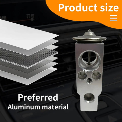 Heavy Duty Automotive AC Expansion Valve Metal Anti Wear For Car Air Conditioning System Replacement Part For Most Makes And Models Durable Metal Valve For Reliable Cooling Performance, showing size and aluminum material layers