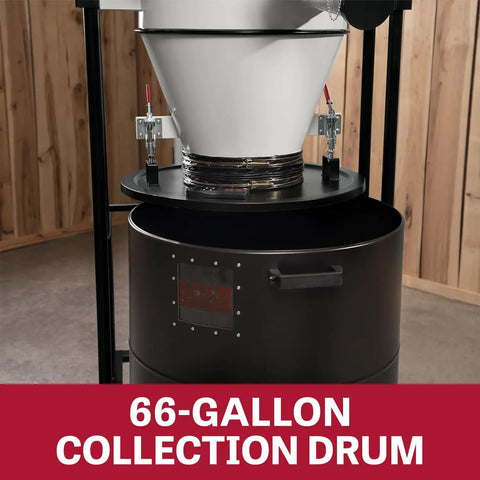 Professional 3 Hp 230 Volt Cyclone Dust Collector With 2 Micron Pleated Filter And Wireless Remote Timer Shut Off features a large 66-gallon drum.