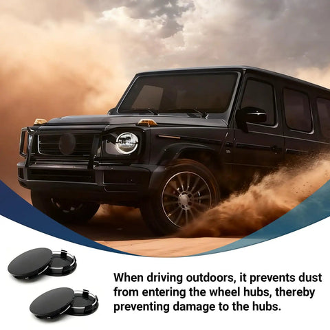 4 Pack Car Wheel Hub Center Cap Set 60mm Outer Diameter 56mm Inner Diameter 0.57 Inch Thick on a black SUV in motion.