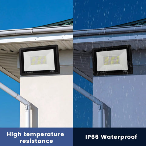 2 Pack 60W Outdoor LED Flood Lights With Switch, IP66 Waterproof 6000K Daylight, installed on building exterior