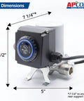 Fully Automatic Instant Hot Water Recirculation Pump For Under Sink Setup With Zero Wait Time And Super Slick Energy Saving Design For Easy Living, showing dimensions and timer control.