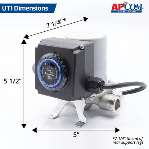 Fully Automatic Instant Hot Water Recirculation Pump For Under Sink Setup With Zero Wait Time And Super Slick Energy Saving Design For Easy Living, showing dimensions and timer control.