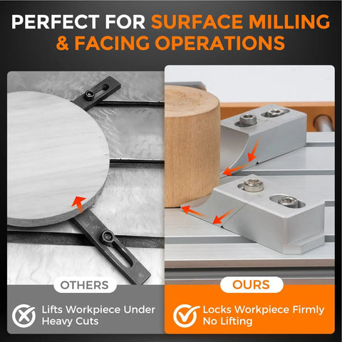 Comparison of locking features of Four Piece Side Clamp Vise Aluminum Alloy Set With Ultra Low Profile Design for CNC milling.