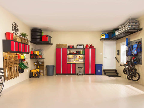 Red Bold Six Piece Garage Cabinet Storage Setup Built Tough With 24 Gauge Steel Welded Frames Beefy 800 Lbs Capacity Heavy Duty Bamboo Worktop Adjustable Shelves Backsplash Kit For Your Dream Shop Rig in organized garage layout.