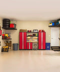 Complete 7 Piece Badass Steel Garage Storage Set With Locking Rolling Tool Chest Sturdy Wall Units in organized garage with red cabinets.