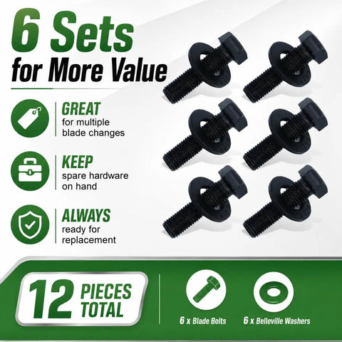 Six Sets Blade Bolts And Belleville Washer Kit For Mower Blade Replacement, 12 Pieces Total, Great Value Replacement For Toro Exmark TimeMaster Recycler, 7/16-20 Thread - six bolts and washers