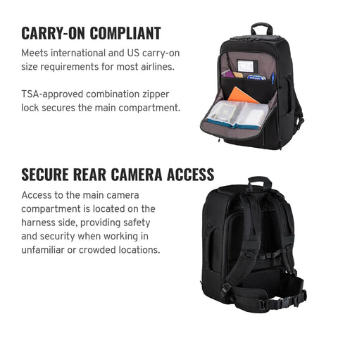 Carry On Camera Backpack For DSLR And Mirrorless Gear With Space For 2 Cameras, 6 To 8 Lenses, Up To 400mm Telephoto, Plus A 17 Inch Laptop shown open and closed, highlighting secure storage and padded straps.