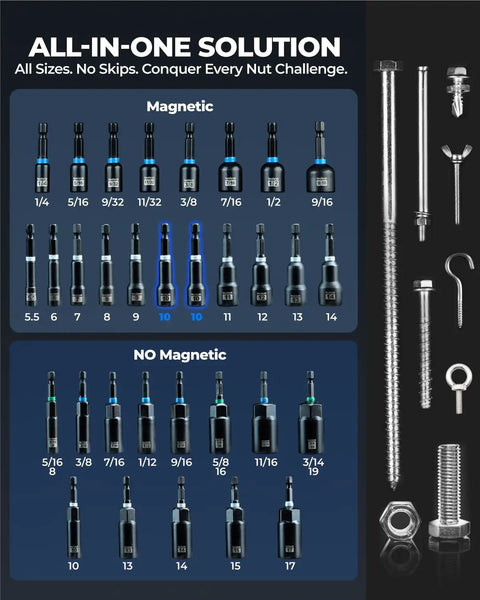 All In One Impact Nut Driver Set For DIY Enthusiasts With 38 Pieces displayed with magnetic and non-magnetic drivers