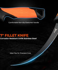 7 Inch Fillet Knife with non-slip elastomer handle, part of the 7 Piece Fishing Tool Kit With Rechargeable 65Lb Digital Fish Scale