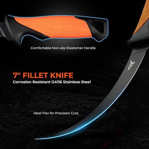 7 Inch Fillet Knife with non-slip elastomer handle, part of the 7 Piece Fishing Tool Kit With Rechargeable 65Lb Digital Fish Scale