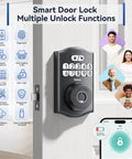 AI Fingerprint Door Lock With Built-In WiFi And Keyless Entry For Front Door, shown installed on a wooden door, smart home ready.