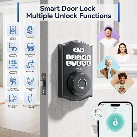 AI Fingerprint Door Lock With Built-In WiFi And Keyless Entry For Front Door, shown installed on a wooden door, smart home ready.
