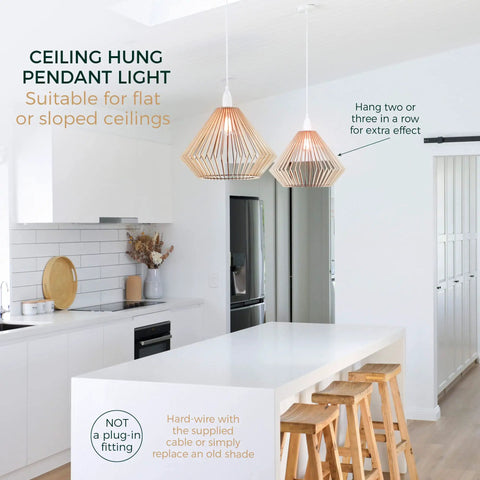 Wood Pendant Light With Adjustable Nylon Cord Modern Boho Ceiling Chandelier Basswood Frame And Oak Finish in modern kitchen.