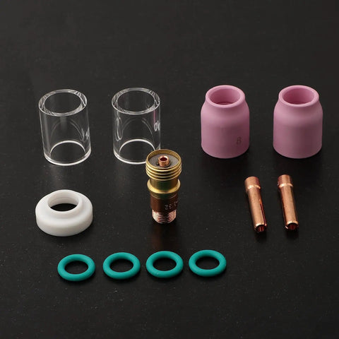 Pro Grade 12 Piece TIG Welding Torch Kit For WP17 WP18 WP26 Shorty Gas Lens Size 10 heat resistant glass and nozzles display