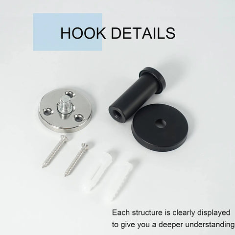 Components of Six Pack Round Stainless Steel Coat Hooks Wall Mounted Heavy Duty Hangers SUS 304 Black Finish
