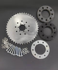 44 Tooth Sprocket And Clamp Assembly With 6 Hole And 9 Hole Pattern For 66cc 80cc Gas Motor Engine Kit Easy Install Set Works With 415 And 415H Chain Compatibility laid out with screws and washers.