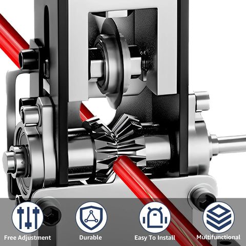 Close-up of Beefy Copper Wire Stripping Tool With Hand Crank Or Drill Power, showing gears and mechanism for wire insulation removal.