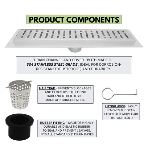 Fifty Nine Inch Brushed Nickel Linear Shower Drain Kit Crafted From Tough As Nails 304 Stainless Steel Featuring A Heavy Duty Long Hair Catcher Strainer Product components including drain channel, hair trap, rubber fitting and lifting hook.