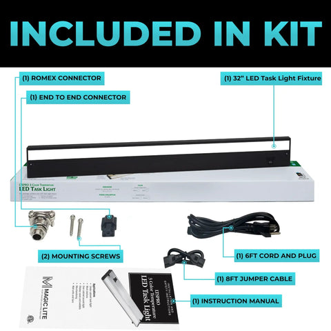 Kit contents for 32 Inch Black LED Under Cabinet Light Dimmable With 3 Color Temperatures including connectors, screws, and manual.