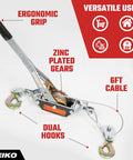 Beefed Up 2 Ton Come Along Winch With 7.2 Ft Cable Dual Gear Hand Winch Puller showing ergonomic grip, zinc plated gears, dual hooks