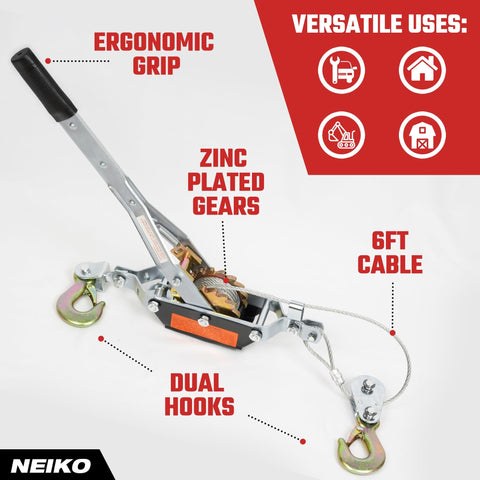 Beefed Up 2 Ton Come Along Winch With 7.2 Ft Cable Dual Gear Hand Winch Puller showing ergonomic grip, zinc plated gears, dual hooks