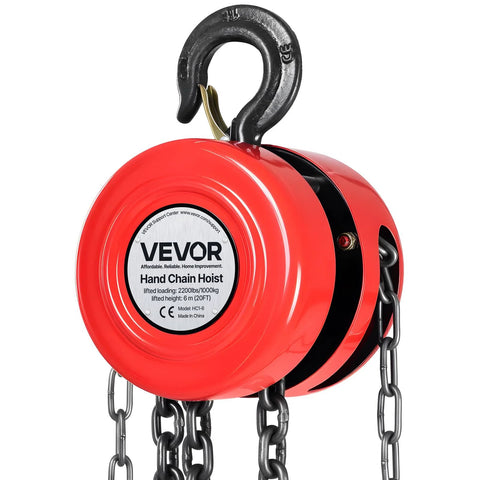 VEVOR hand chain hoist, red, 1 ton capacity, galvanized G70 chain, 20 ft lift, front view