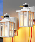 Porch Light With Built In GFCI Outlet And Dusk To Dawn Motion Sensor, two white waterproof exterior lamps on wall