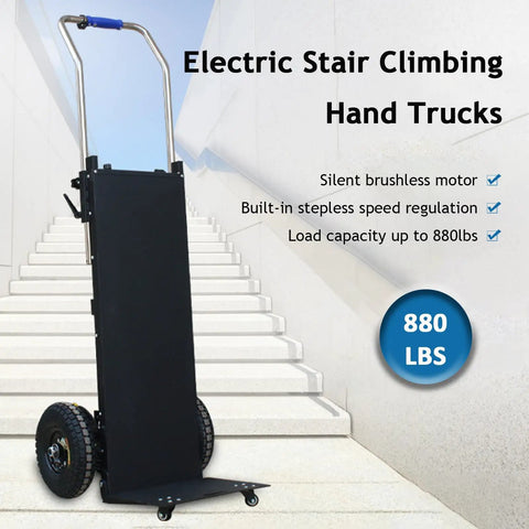 Heavy Duty Electric Stair Climbing Hand Truck With Mighty 1500W Motor And Rock Solid 880 Lb Capacity For Easy Moving Of Keys Or Copiers, black frame, built for stairs.