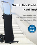 Electric Stair Climbing Dolly with 1500W motor and 880 lb capacity shown on stairs, featuring a steel frame.