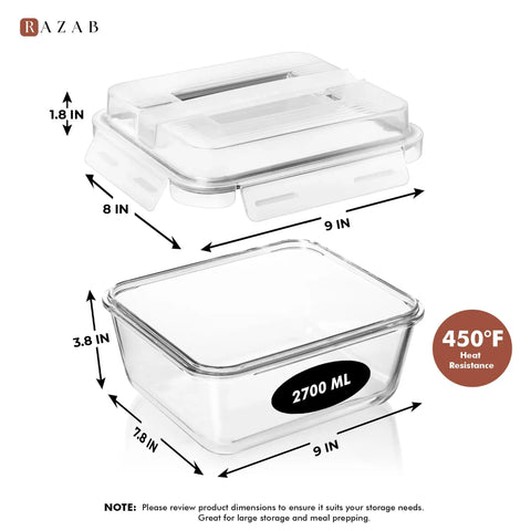 Beast Mode Massive 2700ml Glass Storage Container With Lids For Roasting And Leftovers and dimensions shown