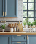 Solid 10 Pack 5 Inch Square Cabinet Handles In Champagne Bronze Finish installed on blue kitchen cabinets, modern design.