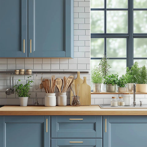 Solid 10 Pack 5 Inch Square Cabinet Handles In Champagne Bronze Finish installed on blue kitchen cabinets, modern design.