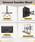 Universal Soundbar Mount with 180° rotation, compatible with fixed or full motion TV mounts, supports up to 15 lbs.