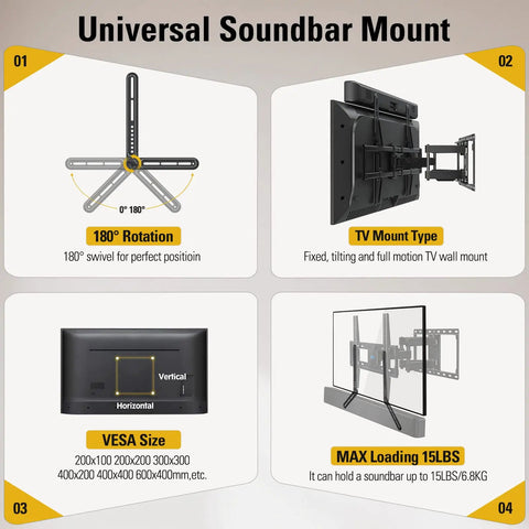 Universal Soundbar Mount with 180° rotation, compatible with fixed or full motion TV mounts, supports up to 15 lbs.