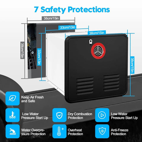 Heavy Duty 12V Propane Tankless Water Heater For Camper And Rv Delivers Sizzling Hot Water With Zero Preheat Delay and steady continuous flow, with safety protection features.