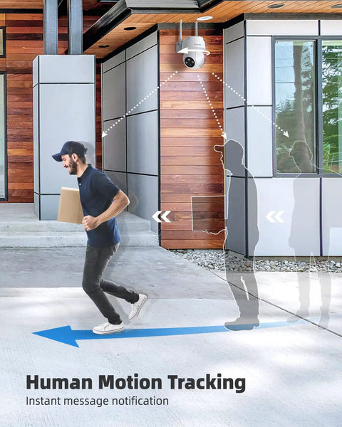 Outdoor PTZ Security Camera With 360 View, 2K Pan Tilt Dome Surveillance capturing human motion tracking outside modern home.