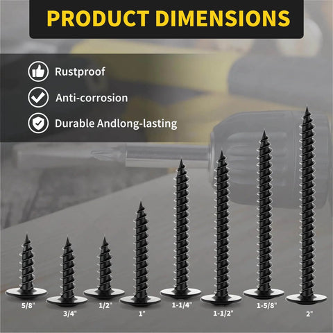 Black Wood Screws Size Eight By Three Quarter Inch 125 Piece Set Self Tapping Phillips Truss Head Fasteners Display