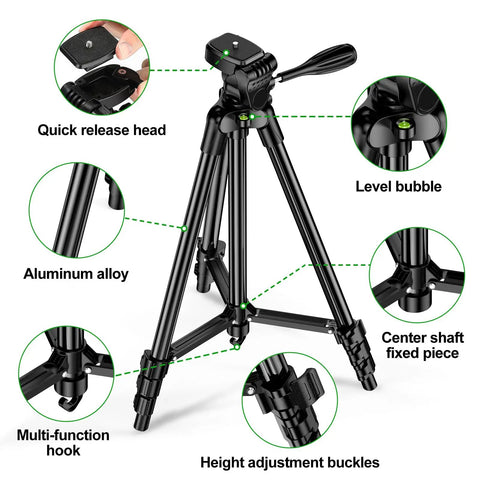 Work Ready Laser Level Tripod With Carry Bag, Light Yet Sturdy Aluminum Adjustable Stand, highlighted features and components