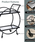 Modern Black Two Tier Bar Cart With Mirror Trim And Metal Frame Rolling Mini Drink Station And Kitchen Serving Caddy features mirrored shelves and sturdy frame.