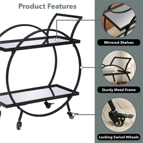Modern Black Two Tier Bar Cart With Mirror Trim And Metal Frame Rolling Mini Drink Station And Kitchen Serving Caddy features mirrored shelves and sturdy frame.