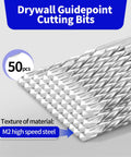 50 Pack Drywall Cutting Bits One Eighth Inch Spiral Saw Tip High Speed Steel Guide Point Drill Bits stacked in a row.