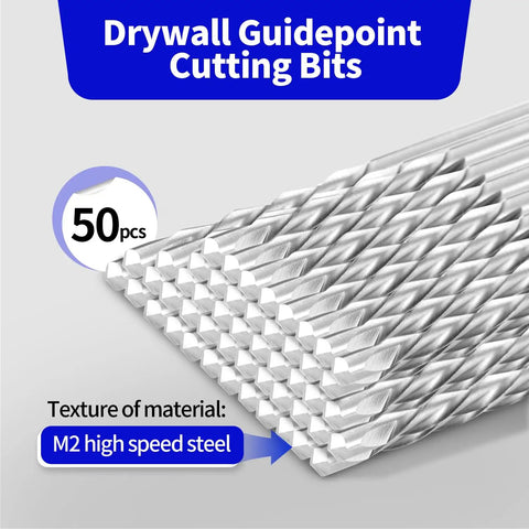 50 Pack Drywall Cutting Bits One Eighth Inch Spiral Saw Tip High Speed Steel Guide Point Drill Bits stacked in a row.