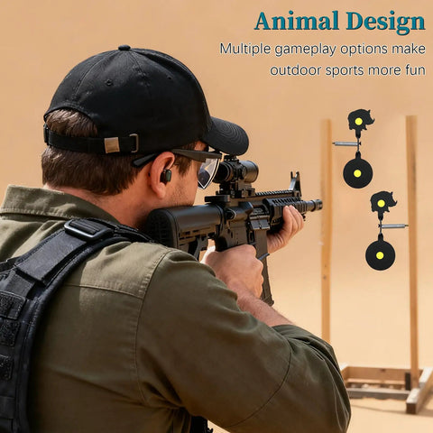 Person aiming at 2 Pack Auto Reset Spinner Shooting Targets Built Tough From Heavy Duty Steel For Rugged All Weather Practice