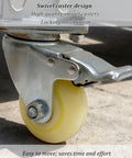 Close-up of swivel caster on Heavy Duty Metal Tire Storage Rack With Swivel Casters Keeps Your Garage Tight While Car And Motorcycle Tires Stay Locked In Without Rolling Away Or Slipping Off.