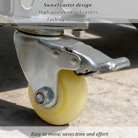 Close-up of swivel caster on Heavy Duty Metal Tire Storage Rack With Swivel Casters Keeps Your Garage Tight While Car And Motorcycle Tires Stay Locked In Without Rolling Away Or Slipping Off.