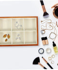 Premium Solid Wood Desktop Jewelry Organizer Tray With Divided Grid Compartments For Rings Necklaces Earrings And Watches Durable Storage Holder with segmented sections.
